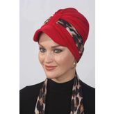 Leopar Fularlı Şapka Bone Kırmızı