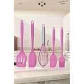 LİGROUND 5’li Siyah Isıya Dayanıklı %100 Silikon Spatula Mutfak Gereç Seti Fırça Tel Çırpıcı Mutfak Gereçleri Pembe
