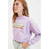 Lila Lisanslı Garfield Baskılı Crop Örme İnce Sweatshirt