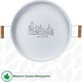 Lin Metal Ahşap Kulplu Yuvarlak Metal Servis Tepsisi 37CM, Kahve Tepsisi, Sunum Tepsisi (Kaktüs Baskılı) - Beyaz
