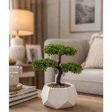 Lineva Geometrik Beton Saksıda Yapay Bonsai Ağacı Dekoratif Masa Üstü Bitki - Beyaz