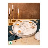 linmetal Ahşap Kulplu Desenli Yuvarlak Metal Servis Tepsisi 37cm, Kahve Tepsisi, Sunum Tepsisi Krem