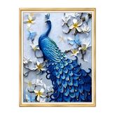 LİVA CRAFT Art & Craft Elmas Boyama Puzzle Kit, Beyaz Çiçekler Arasında Mavi Tavus Kuşu 40x50 cm Mozaik