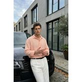 Livio Ferri Yurin Erkek Premium Müslin %100 Pamuk Oversize Uzun Kollu Gömlek - Pembe - XL