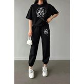 lona fashion Aesthetic Kadın Çizim Baskılı Eşofman Altı Ve T-shirt Alt Üst Eşofman Takımı