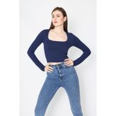 Loom Basic Kadın Kare Yaka Uzun Kollu Crop Bluz