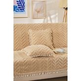Loselya Püsküllü Bohem Koltuk Örtüsü - Şönil Dokulu Kaymaz Koltuk Şalı - Modern Chevron Desenli Örtü - 200 x 180 cm - Bej