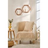 Loselya Tekli Püsküllü Bohem Koltuk Örtüsü - Şönil Dokulu Kaymaz Koltuk Şalı - Modern Chevron Desenli Örtü - 180 x 65 cm - Bej