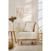 Loselya Tekli Püsküllü Bohem Koltuk Örtüsü - Şönil Dokulu Kaymaz Koltuk Şalı - Modern Chevron Desenli Örtü - 180 x 65 cm - Ekru