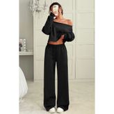 LOUİSA Kadın Siyah Kayık Yaka Crop Sweatshirt-Bol Kesim Rahat Eşofman Takım