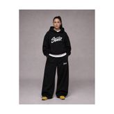 LUNAVISTA Kadın Büyük Beden Baskılı 3 İplik Oversize Kapüşonlu Sweatshirt ve Siyah Jogger Eşofman Takımı