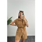 Lüx Kalite Linda Keten Beli Lastikli Şort Tulum
