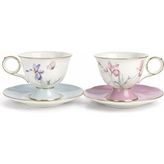 M. Moor Lüks Porselen Çay Fincan Seti, 2 Kişilik, Mavi ve Pembe Çiçek Desenli, 4 Parça - Standart - Renkli