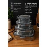 Madamagic 4'lü Çelik Kapaklı Vakumlu Cam Saklama Kabı Seti Dikdörtgen Cam - Fırın Buzluk Mikrodalga Uyumlu