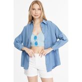 Mad&Calf Kadın Basic Uzun Oversize Kalıp Gömlek Açık Mavi S