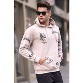 Madmext 5895 Erkek Bej Baskılı Kapüşonlu Sweatshirt