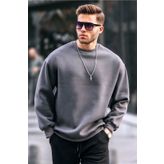 Madmext 6048 Füme Bisiklet Yaka Oversize Şardonlu Basic Erkek Sweatshirt