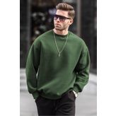 Madmext 6048 Haki Bisiklet Yaka Oversize Şardonlu Basic Erkek Sweatshirt