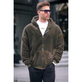 Madmext 6049 Haki Peluş Kapüşonlu Erkek Swetshirt