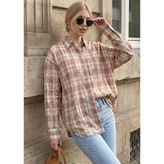 Madmext Bej Basic Kare Desenli Kadın Gömlek MG2828