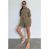 Madmext Haki Basic Kadın Şort Gömlek Takım Mg2361