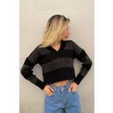 Madmext MG1441 Yeşil V Yaka Çizgili Crop Kadın Kazak