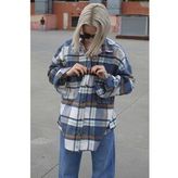 Madmext MG1589 Lacivert Oversize Kadın Oduncu Gömlek