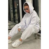 Madmext MG1609 Kapüşonlu Oversize Ekru Kadın Eşofman Takımı