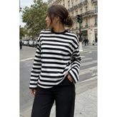 Madmext Siyah/Beyaz Basic Çizgili Bisiklet Yaka %100 Pamuklu Uzun Kollu Tişört MG2889