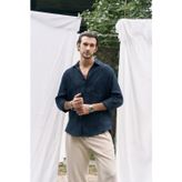 MAI STUDIOS CO. Ombretta Lacivert Keten Oversize Erkek Gömlek