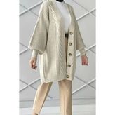 Marvine Kadın Bej Düğmeli Tesettür Oversize Model Triko Hırka
