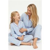 mavi beyaz çizgili Düğmeli Biyeli Örme Pijama Takım