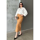 Maxi Modena Camel Gabardin Boyamalı Püsküllü Etek