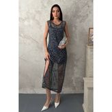 Maxi Modena Lacivert Pullu Bol Elbise