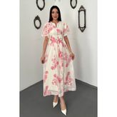Maxi Modena Pembe Pileli Balon Kollu Elbise