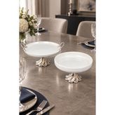 MAY HOME 2'Li Porselen Gümüş Kand Ayaklı Kulplu Sofra Sunum Tepsi Tabak Seti & Meze Yemek Salata Sunumluğu