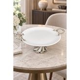 MAY HOME Gümüş Kand Metal Ayaklı Kulplu Porselen Sunumluk Tabak Servislik Tepsi