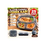 maycup Siyah Plastik Kapaklı Yemek Kabı Mikrodalga Kabı 3 Bölmeli( 1 Adet Kap+Kapak 36 gr) 25 Adet