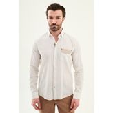 MCR Çizgili Slim Fit Cep Detaylı Uzun Kollu Keten Erkek Gömlek - Bej