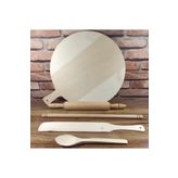 Mdf Hamur Açma Tahtası Orta Merdane Kısa Oklava 45cm Çevirici Tahta Kaşık (5 Parçalı Set) 40cm