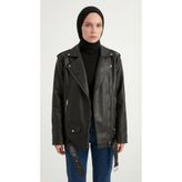 MEECY Kadın Oversize Biker Tesettür Deri Ceket