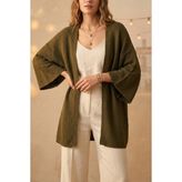 Mefru Kadın Oversize Dökümlü Yarım Kol Basic Hırka - Haki - Standart