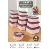 Meleni Home 12'li Kare Çizgili Mikrodalga Kapak Saklama Kabı - 4 Boy Mikrodalgaya Uygun Erzak Gıda Kabı Pembe