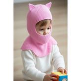 Meriç Bebe Kedi Kulaklı Pembe Kışlık Balaklava Bebek Bere Kar Maskesi Düz Desenli - 4 - 6 Yaş