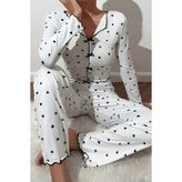 Merry See Kadın Kalp Baskılı Uzun Kollu Pijama Takımı Fiyonklu Beyaz Renkli 2 Parça - XL