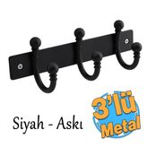 Metal Siyah 3'Lü Birleşik Askı Vestiyer Duvar Monteli Dolap Askılığı Vidalı Elbise Asma 1 Adet
