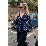 MevaMoss Kruvaze Yaka Lacivert Puantiyeli Peplum Bluz