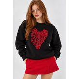 Mevese Kalp İşlemeli Kadın Sweatshirt- Siyah