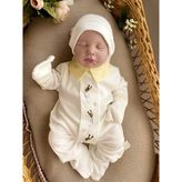 Miel Baby Erkek Bebek El Işlemesi Arılı Yenidoğan Tulum ve Şapka Takımı - 0 - 3 Ay - Ekru