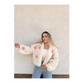 mihal boutique Beyaz Pembe Çilek Motifli Hırka